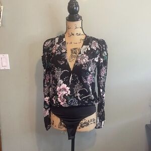 AFRM Womens Black Floral Long Sleeve Deep V Neck Bodysuit, XS/S